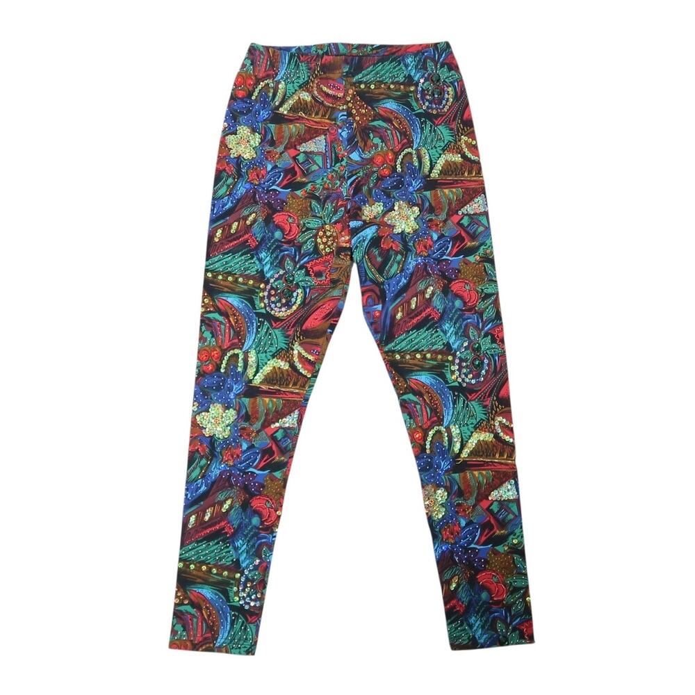 Vintage 80s Carlo Ferranti Blue Red Funky Print Sequin Beaded Leggings L